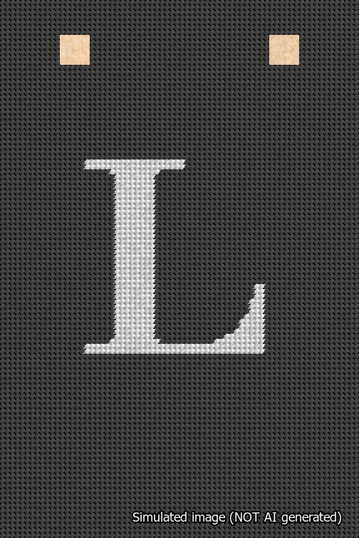 A simulated image of the stitched needlepoint design: Banner 18m Squared L White on Black. Not A.I. generated.