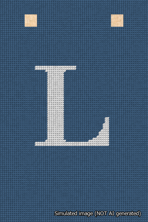 A simulated image of the stitched needlepoint design: Banner 18m Squared L White on Blue. Not A.I. generated.