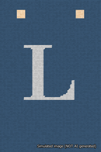 A simulated image of the stitched needlepoint design: Banner 18m Squared L White on Blue. Not A.I. generated.
