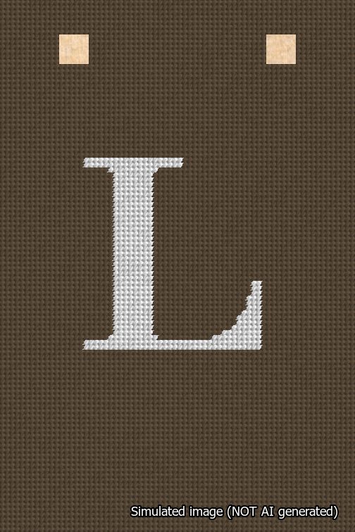 A simulated image of the stitched needlepoint design: Banner 18m Squared L White on Brown. Not A.I. generated.