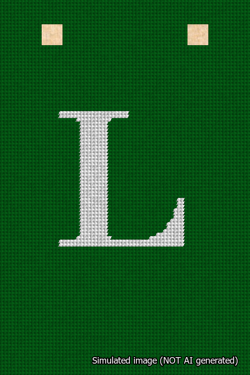 A simulated image of the stitched needlepoint design: Banner 18m Squared L White on Green. Not A.I. generated.