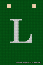 A simulated image of the stitched needlepoint design: Banner 18m Squared L White on Green. Not A.I. generated.