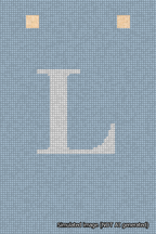A simulated image of the stitched needlepoint design: Banner 18m Squared L White on Light Blue. Not A.I. generated.