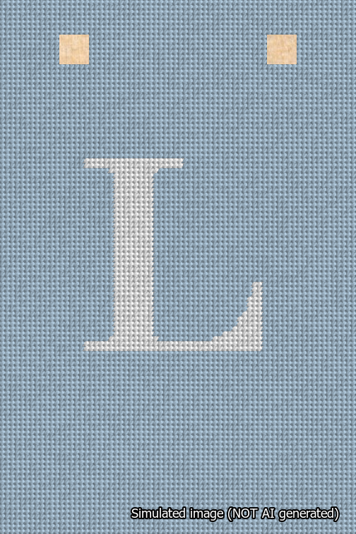 A simulated image of the stitched needlepoint design: Banner 18m Squared L White on Light Blue. Not A.I. generated.