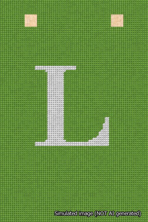 A simulated image of the stitched needlepoint design: Banner 18m Squared L White on Light Green. Not A.I. generated.