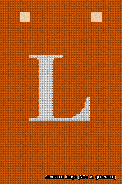 A simulated image of the stitched needlepoint design: Banner 18m Squared L White on Orange. Not A.I. generated.