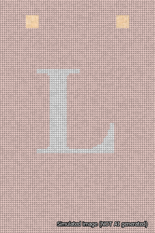 A simulated image of the stitched needlepoint design: Banner 18m Squared L White on Pink. Not A.I. generated.
