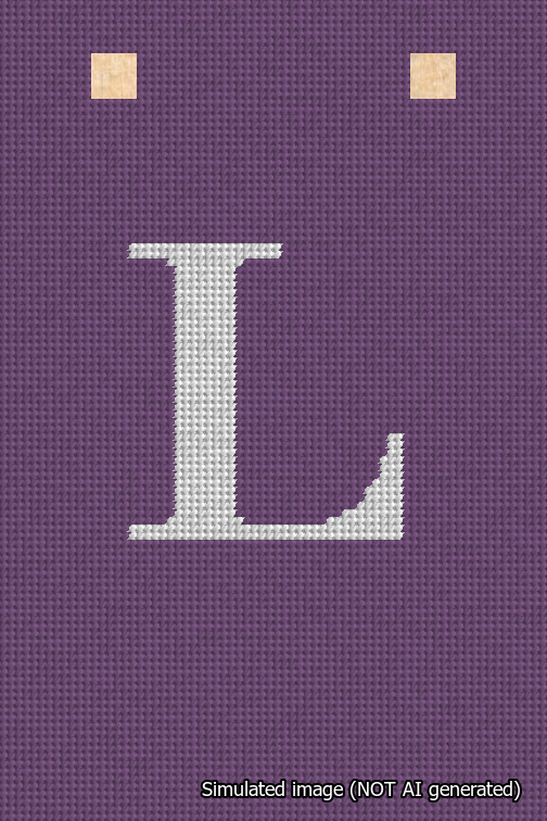 A simulated image of the stitched needlepoint design: Banner 18m Squared L White on Purple. Not A.I. generated.