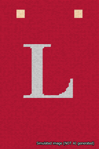 A simulated image of the stitched needlepoint design: Banner 18m Squared L White on Red. Not A.I. generated.