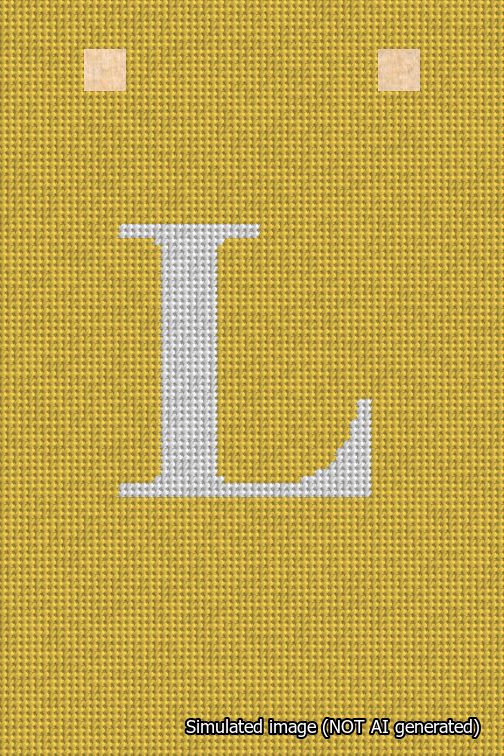 A simulated image of the stitched needlepoint design: Banner 18m Squared L White on Yellow. Not A.I. generated.