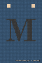 A simulated image of the stitched needlepoint design: Banner 18m Squared M Black on Blue. Not A.I. generated.
