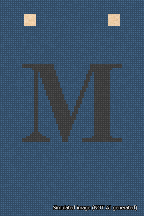 A simulated image of the stitched needlepoint design: Banner 18m Squared M Black on Blue. Not A.I. generated.