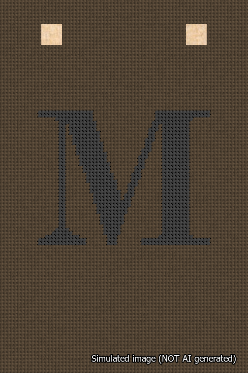 A simulated image of the stitched needlepoint design: Banner 18m Squared M Black on Brown. Not A.I. generated.