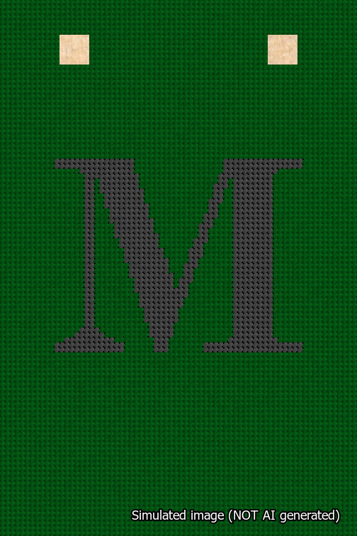 A simulated image of the stitched needlepoint design: Banner 18m Squared M Black on Green. Not A.I. generated.
