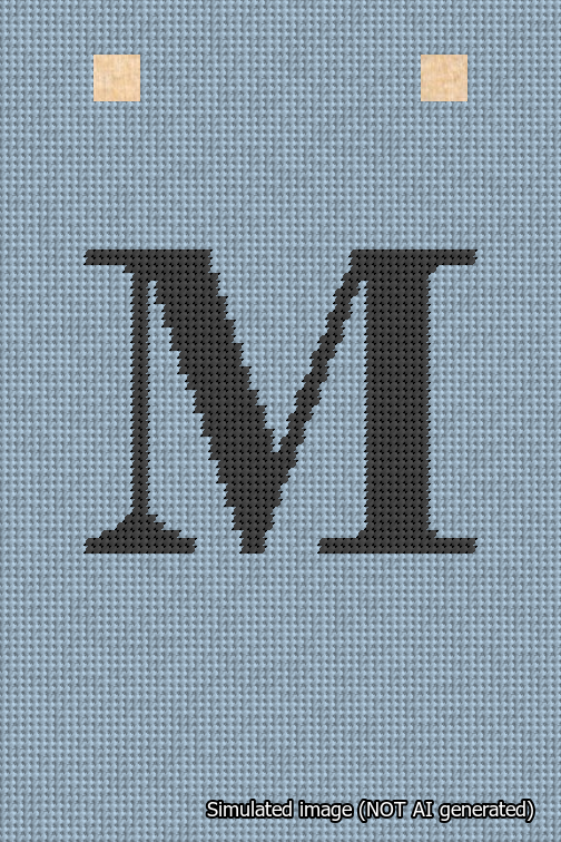 A simulated image of the stitched needlepoint design: Banner 18m Squared M Black on Light Blue. Not A.I. generated.