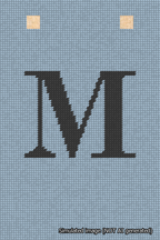 A simulated image of the stitched needlepoint design: Banner 18m Squared M Black on Light Blue. Not A.I. generated.