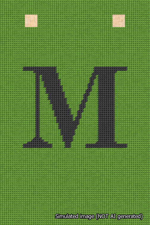A simulated image of the stitched needlepoint design: Banner 18m Squared M Black on Light Green. Not A.I. generated.
