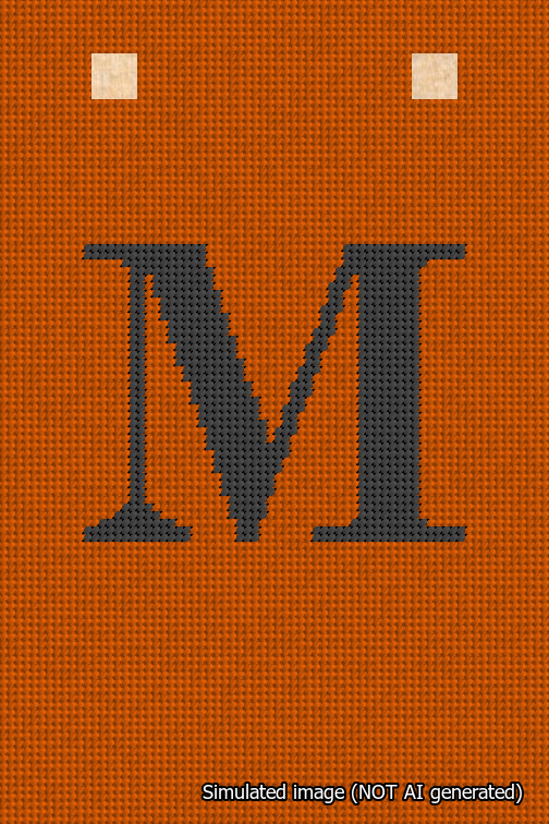 A simulated image of the stitched needlepoint design: Banner 18m Squared M Black on Orange. Not A.I. generated.