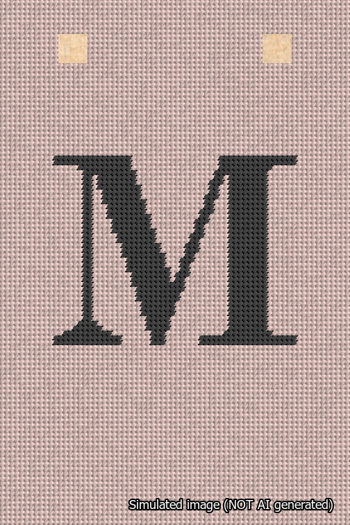 A simulated image of the stitched needlepoint design: Banner 18m Squared M Black on Pink. Not A.I. generated.