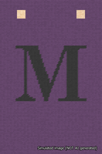 A simulated image of the stitched needlepoint design: Banner 18m Squared M Black on Purple. Not A.I. generated.