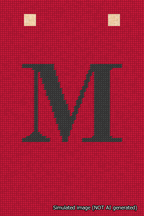 A simulated image of the stitched needlepoint design: Banner 18m Squared M Black on Red. Not A.I. generated.