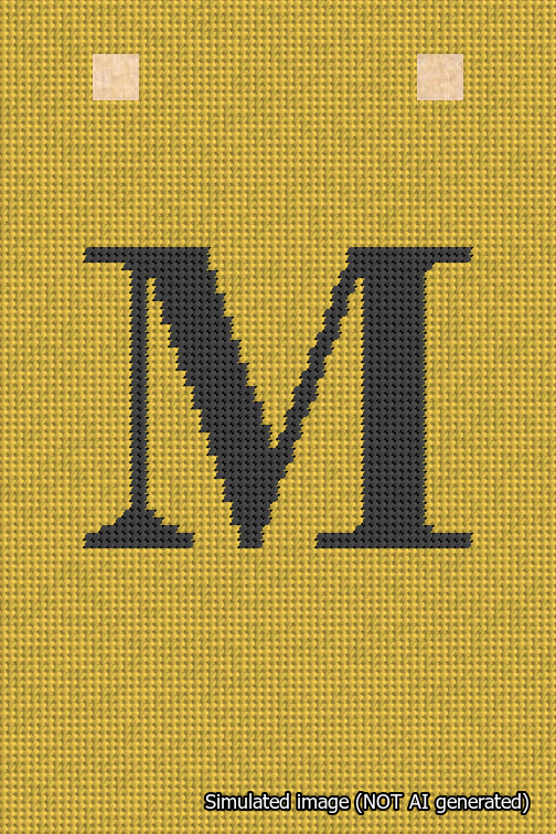 A simulated image of the stitched needlepoint design: Banner 18m Squared M Black on Yellow. Not A.I. generated.