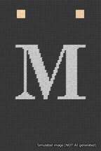 A simulated image of the stitched needlepoint design: Banner 18m Squared M White on Black. Not A.I. generated.