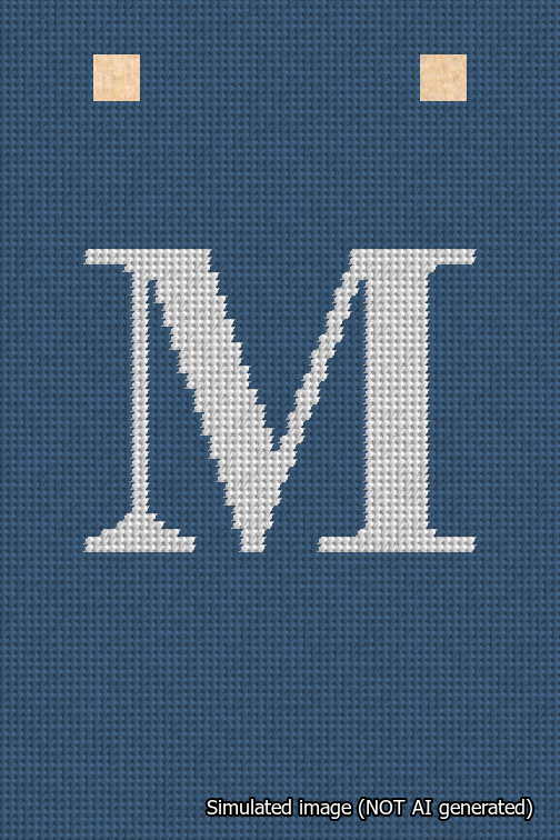 A simulated image of the stitched needlepoint design: Banner 18m Squared M White on Blue. Not A.I. generated.