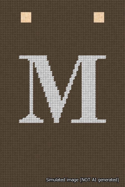 A simulated image of the stitched needlepoint design: Banner 18m Squared M White on Brown. Not A.I. generated.