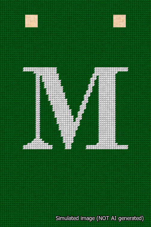 A simulated image of the stitched needlepoint design: Banner 18m Squared M White on Green. Not A.I. generated.