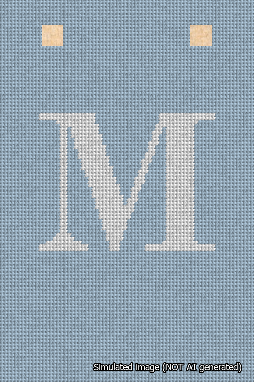 A simulated image of the stitched needlepoint design: Banner 18m Squared M White on Light Blue. Not A.I. generated.