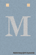 A simulated image of the stitched needlepoint design: Banner 18m Squared M White on Light Blue. Not A.I. generated.