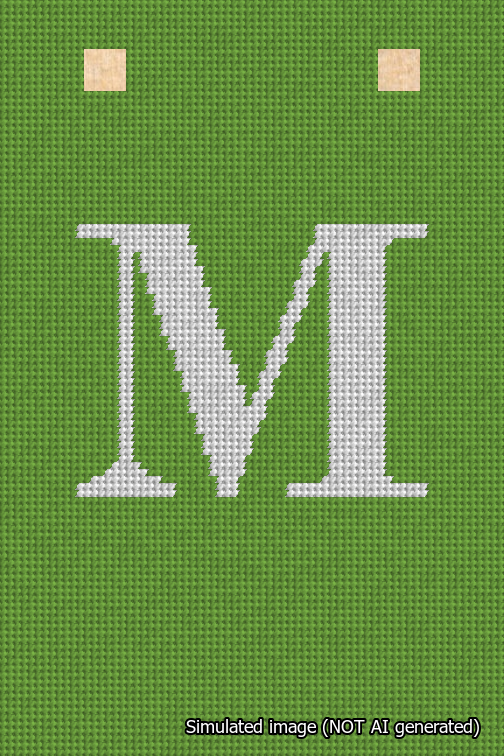 A simulated image of the stitched needlepoint design: Banner 18m Squared M White on Light Green. Not A.I. generated.