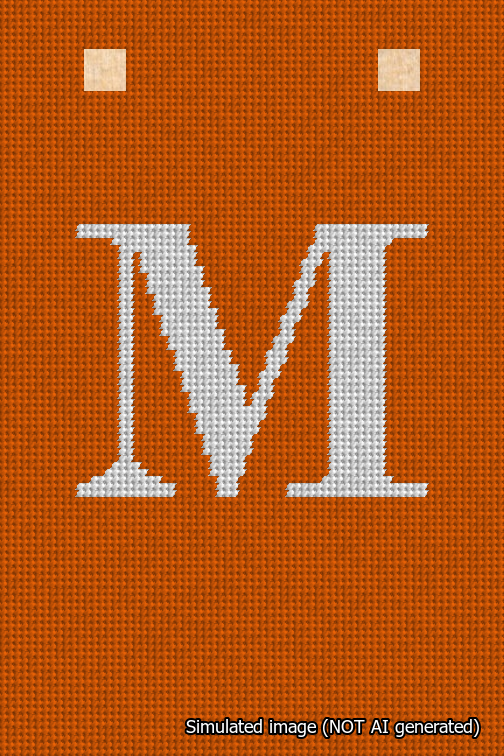 A simulated image of the stitched needlepoint design: Banner 18m Squared M White on Orange. Not A.I. generated.