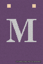 A simulated image of the stitched needlepoint design: Banner 18m Squared M White on Purple. Not A.I. generated.