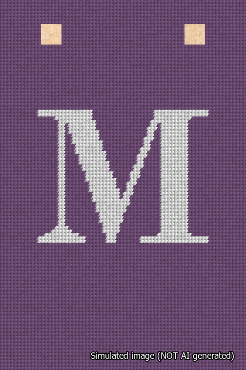 A simulated image of the stitched needlepoint design: Banner 18m Squared M White on Purple. Not A.I. generated.