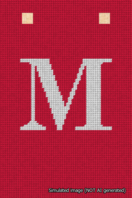 A simulated image of the stitched needlepoint design: Banner 18m Squared M White on Red. Not A.I. generated.