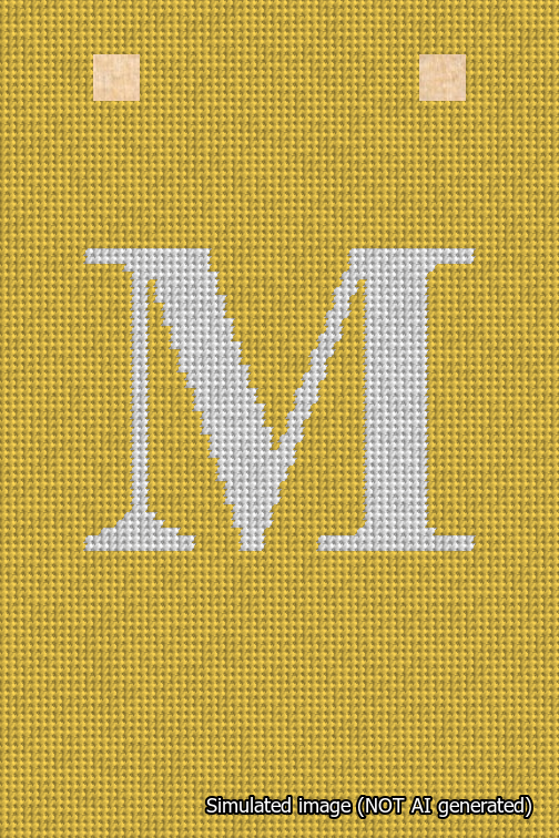 A simulated image of the stitched needlepoint design: Banner 18m Squared M White on Yellow. Not A.I. generated.