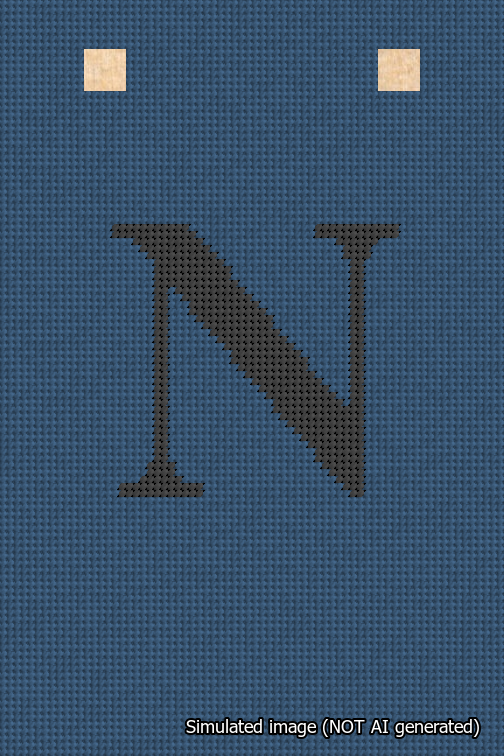 A simulated image of the stitched needlepoint design: Banner 18m Squared N Black on Blue. Not A.I. generated.