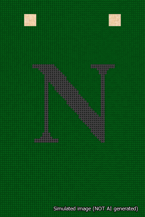 A simulated image of the stitched needlepoint design: Banner 18m Squared N Black on Green. Not A.I. generated.