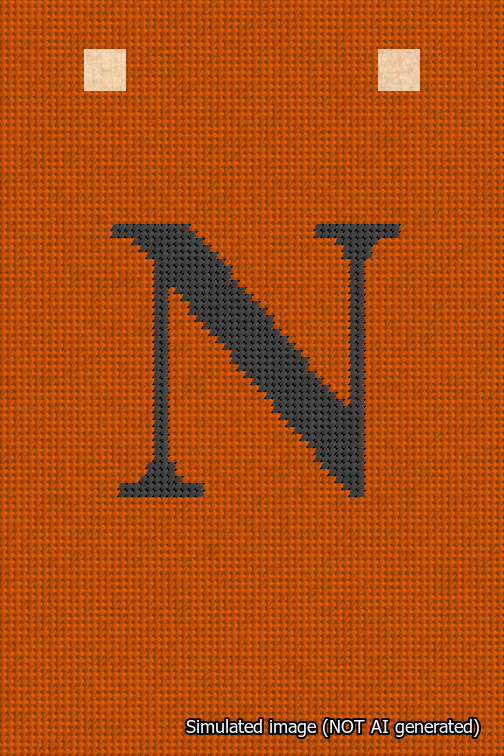 A simulated image of the stitched needlepoint design: Banner 18m Squared N Black on Orange. Not A.I. generated.