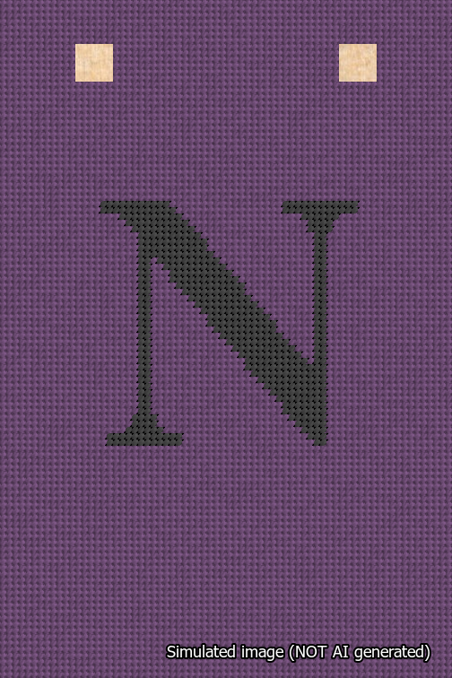 A simulated image of the stitched needlepoint design: Banner 18m Squared N Black on Purple. Not A.I. generated.