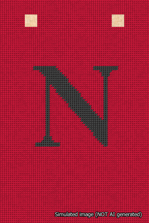 A simulated image of the stitched needlepoint design: Banner 18m Squared N Black on Red. Not A.I. generated.