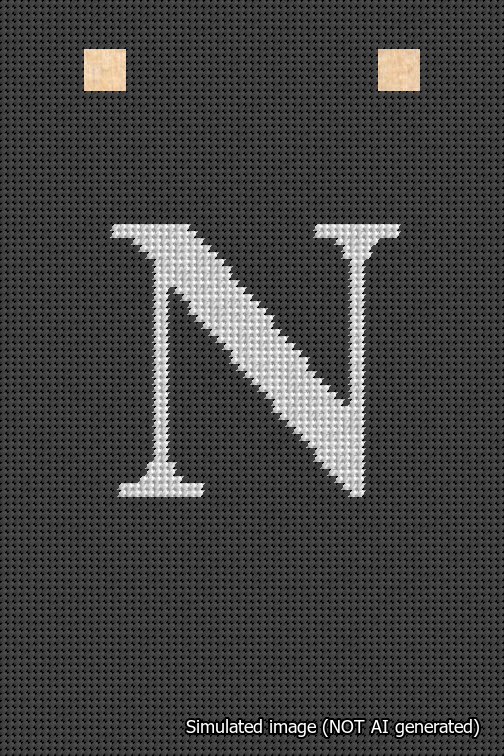 A simulated image of the stitched needlepoint design: Banner 18m Squared N White on Black. Not A.I. generated.