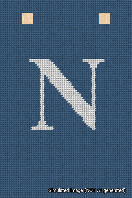 A simulated image of the stitched needlepoint design: Banner 18m Squared N White on Blue. Not A.I. generated.