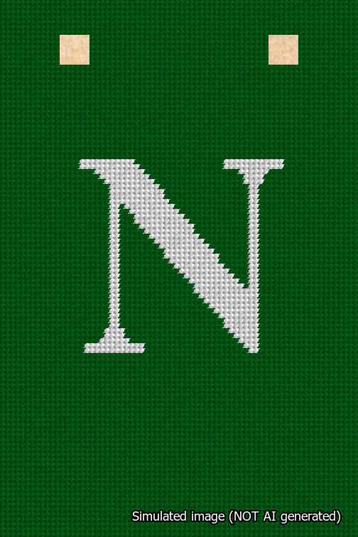 A simulated image of the stitched needlepoint design: Banner 18m Squared N White on Green. Not A.I. generated.