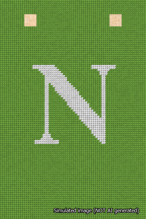 A simulated image of the stitched needlepoint design: Banner 18m Squared N White on Light Green. Not A.I. generated.