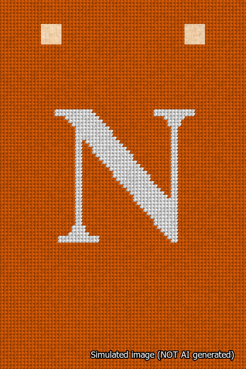 A simulated image of the stitched needlepoint design: Banner 18m Squared N White on Orange. Not A.I. generated.