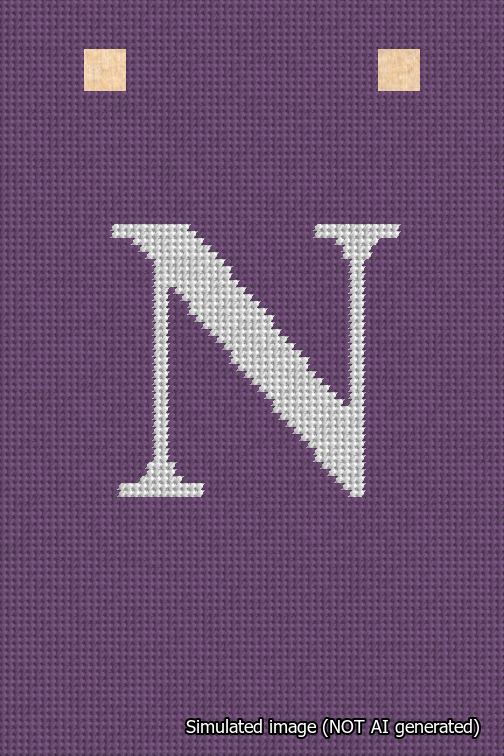 A simulated image of the stitched needlepoint design: Banner 18m Squared N White on Purple. Not A.I. generated.