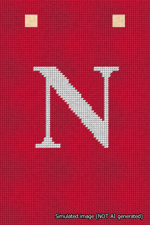 A simulated image of the stitched needlepoint design: Banner 18m Squared N White on Red. Not A.I. generated.